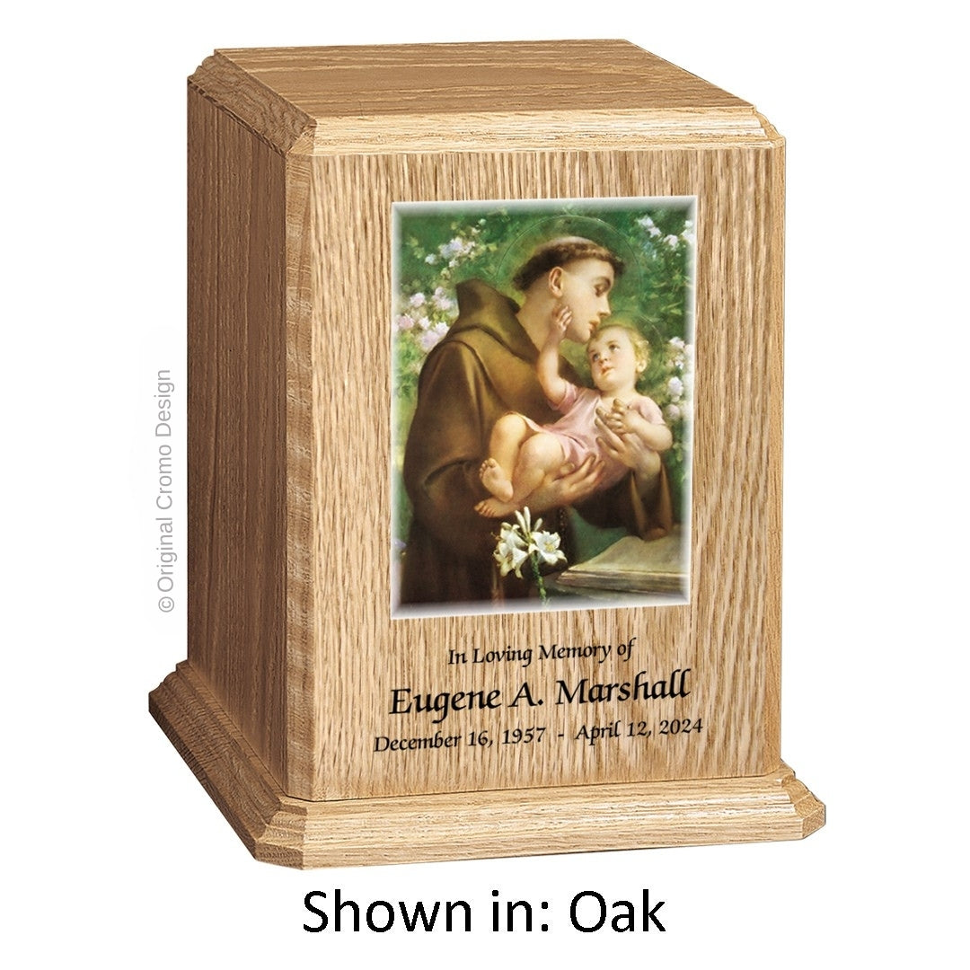 Catholic cremation urn with Saint Anthony Oak finish by Cromo NB