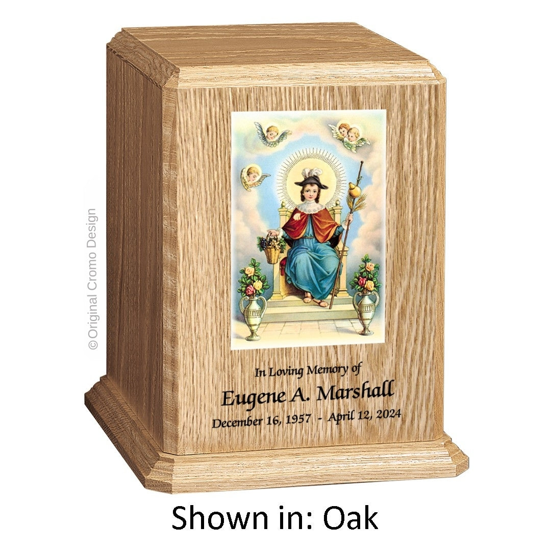 Catholic cremation urn with Child of Atocha Wood finish by Cromo NB