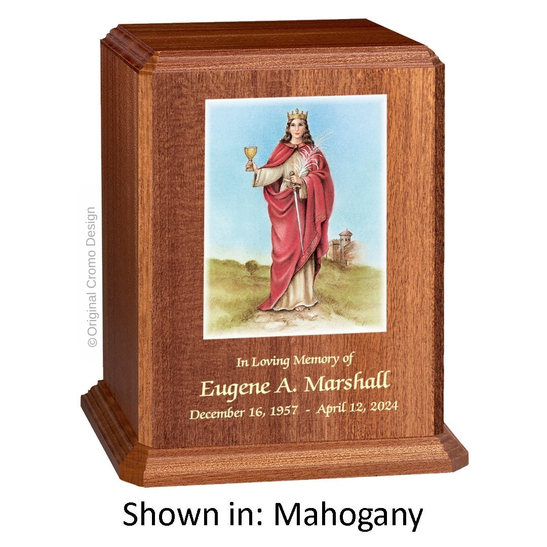 Catholic cremation urn with Our Lady of Santa Barbara Wood finish by Cromo NB