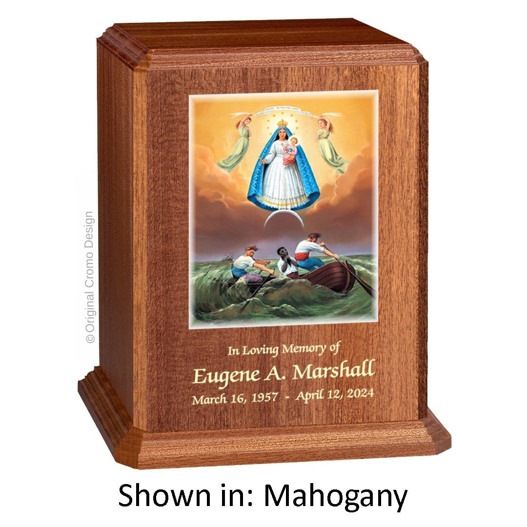 Catholic cremation urn with Our Lady of Charity Wood finish by Cromo NB