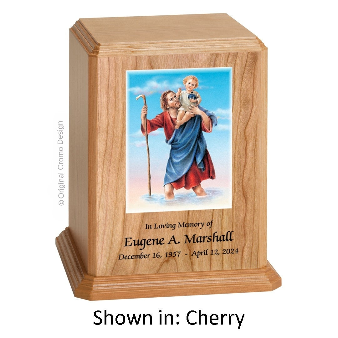 Catholic cremation urn with Saint Christopher Wood finish by Cromo NB