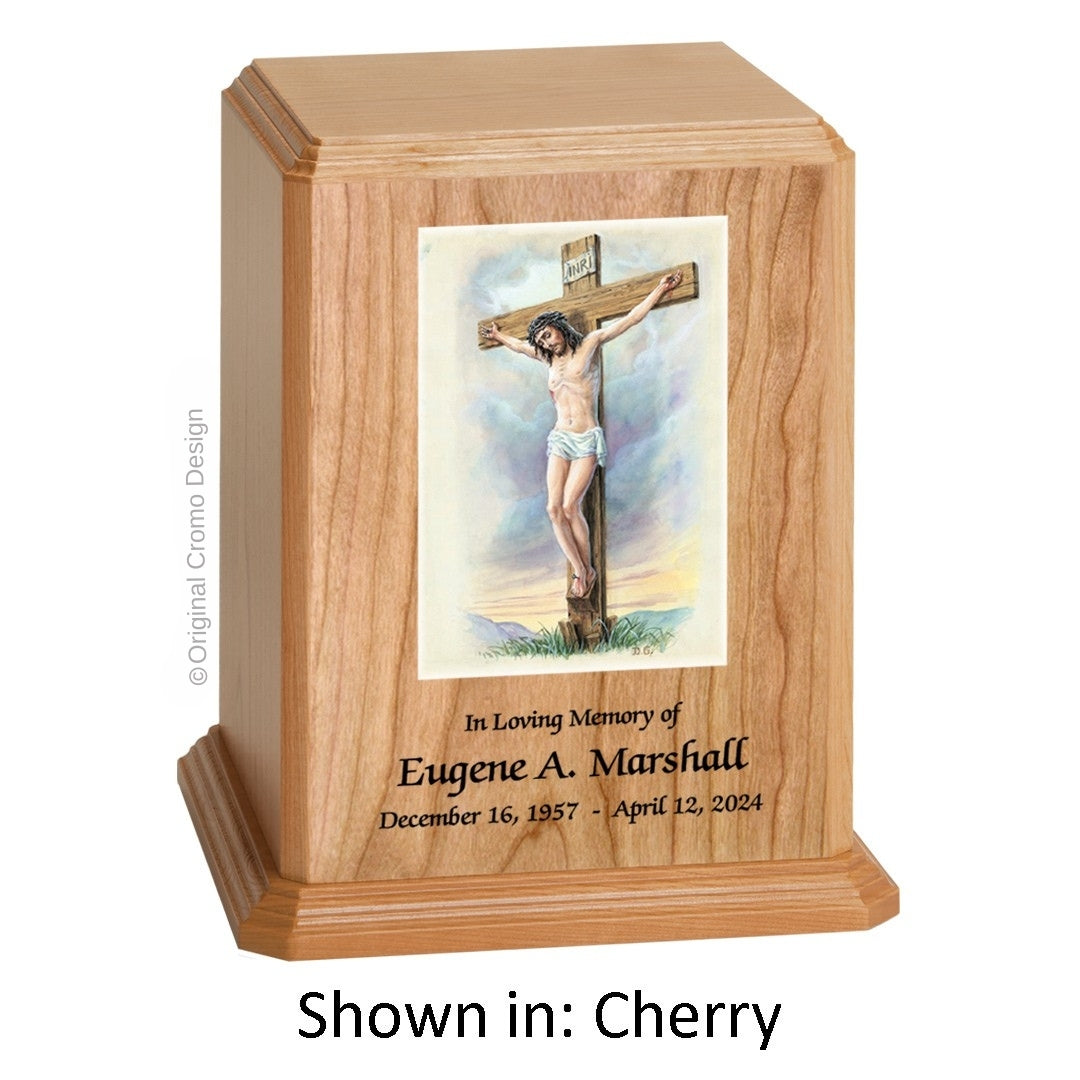 Catholic cremation urn with Crucifixion Wood finish by Cromo NB