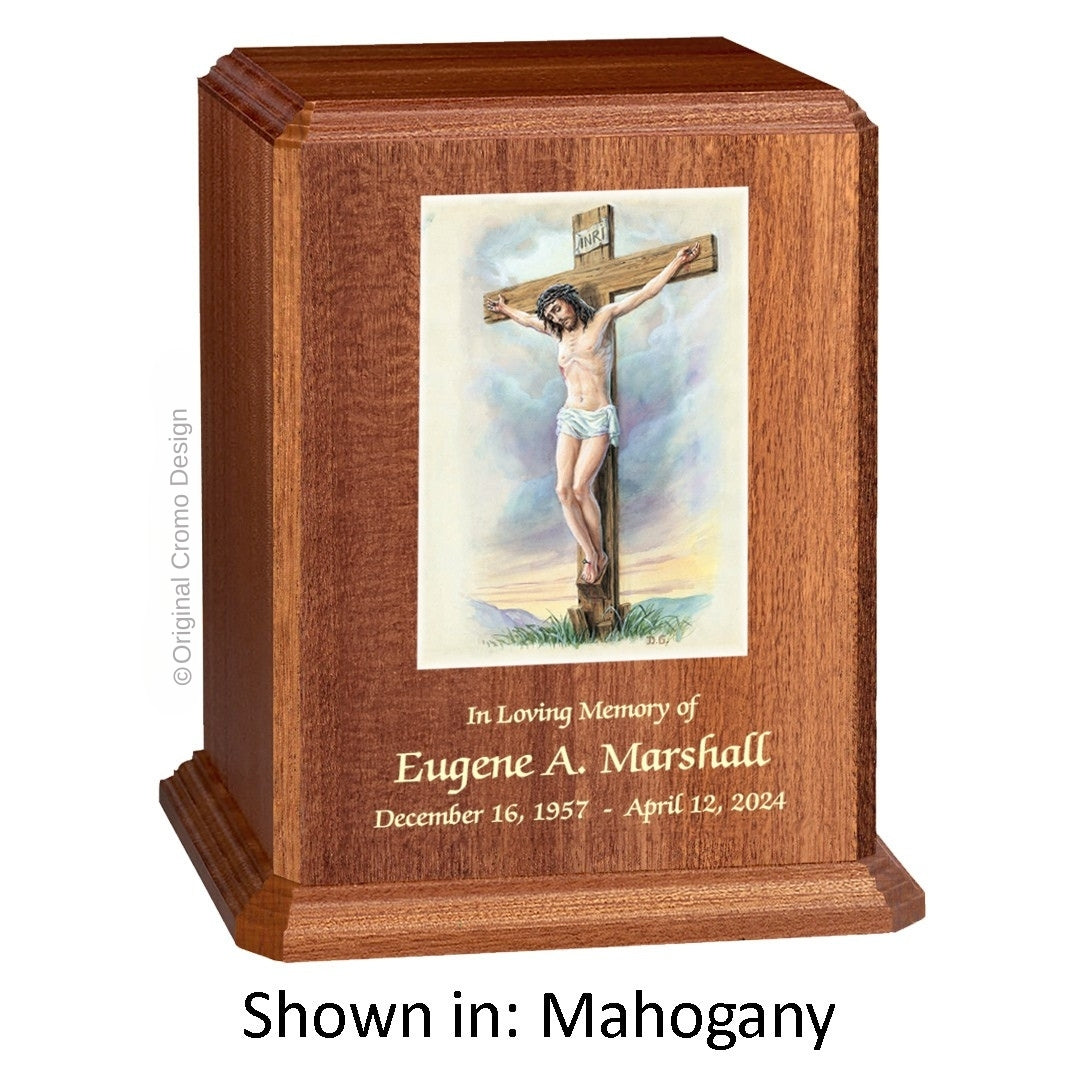 Catholic cremation urn with Crucifixion Wood finish by Cromo NB
