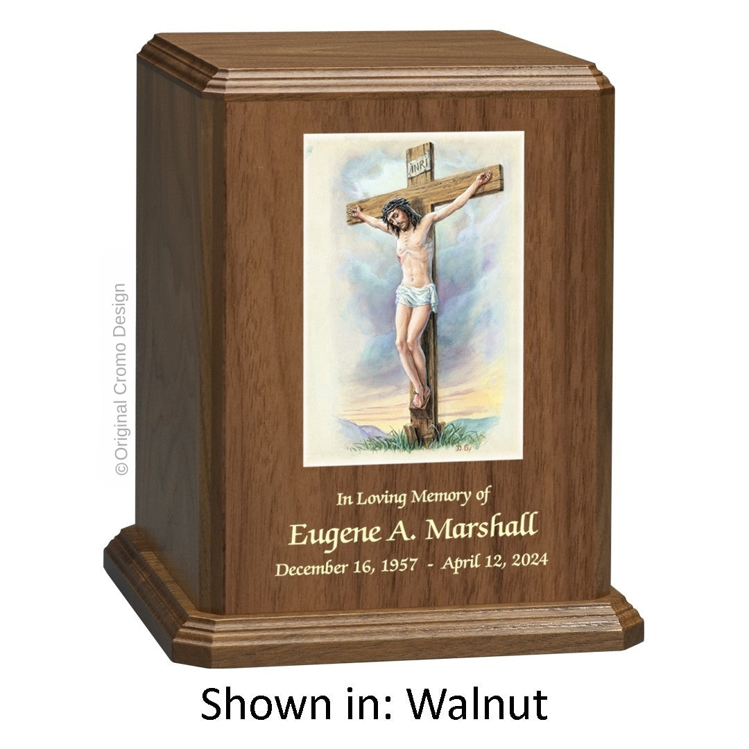 Catholic cremation urn with Our Lady of Fatima Wood finish by Cromo NB