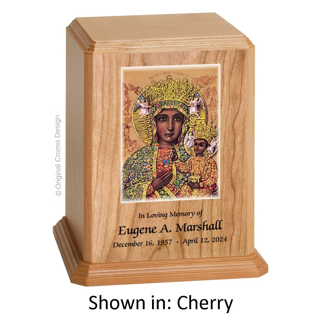 Catholic cremation urn with Our Lady of Czetechowa Wood finish by Cromo NB