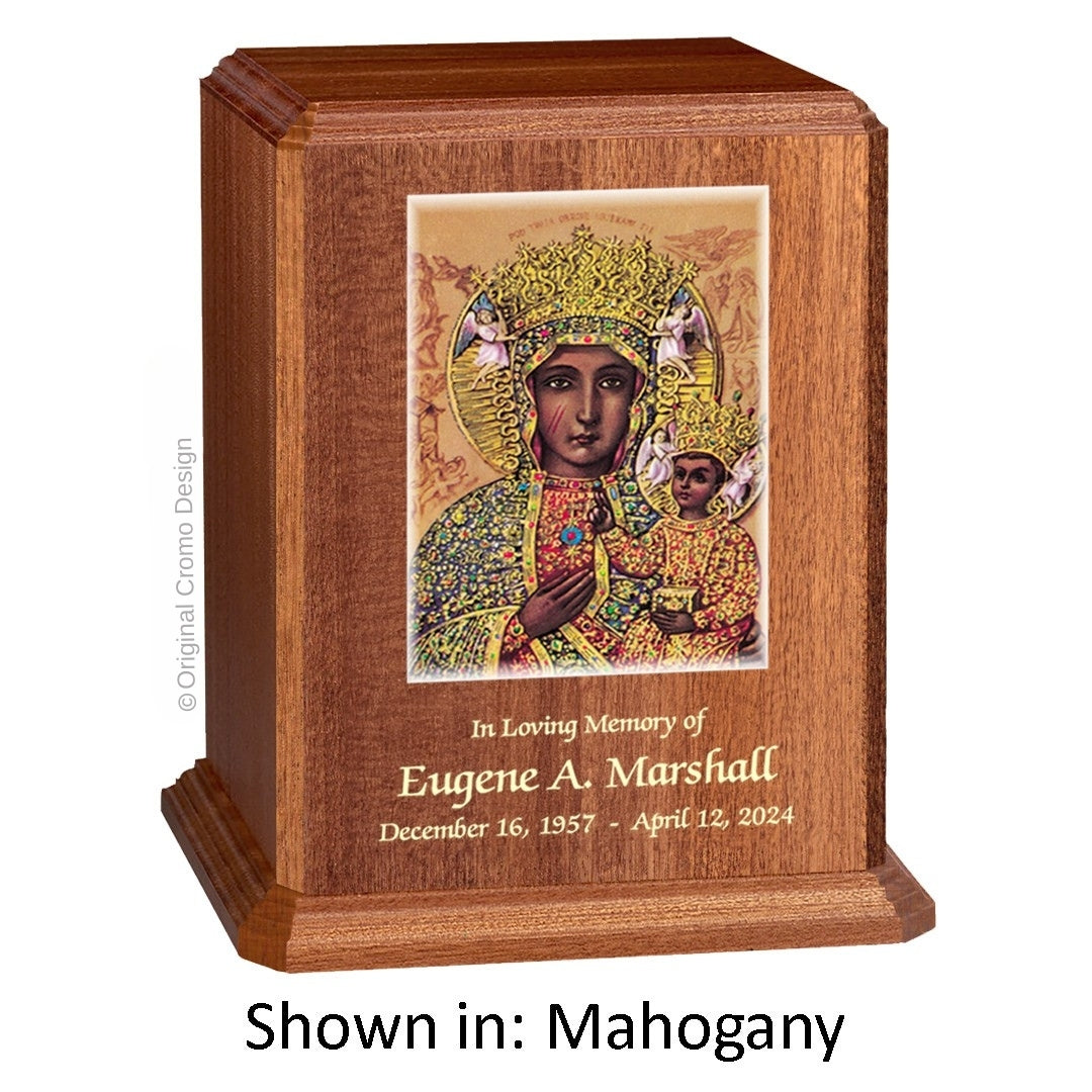 Catholic cremation urn with Our Lady of Czetechowa Wood finish by Cromo NB