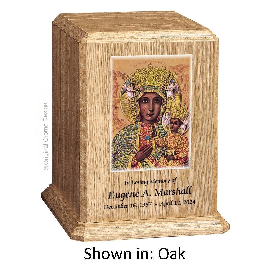 Catholic cremation urn with Our Lady of Czetechowa Wood finish by Cromo NB