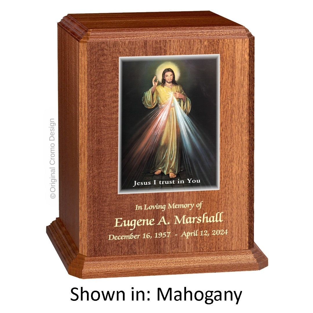 Catholic cremation urn with Divine Mercy English Wood finish by Cromo NB