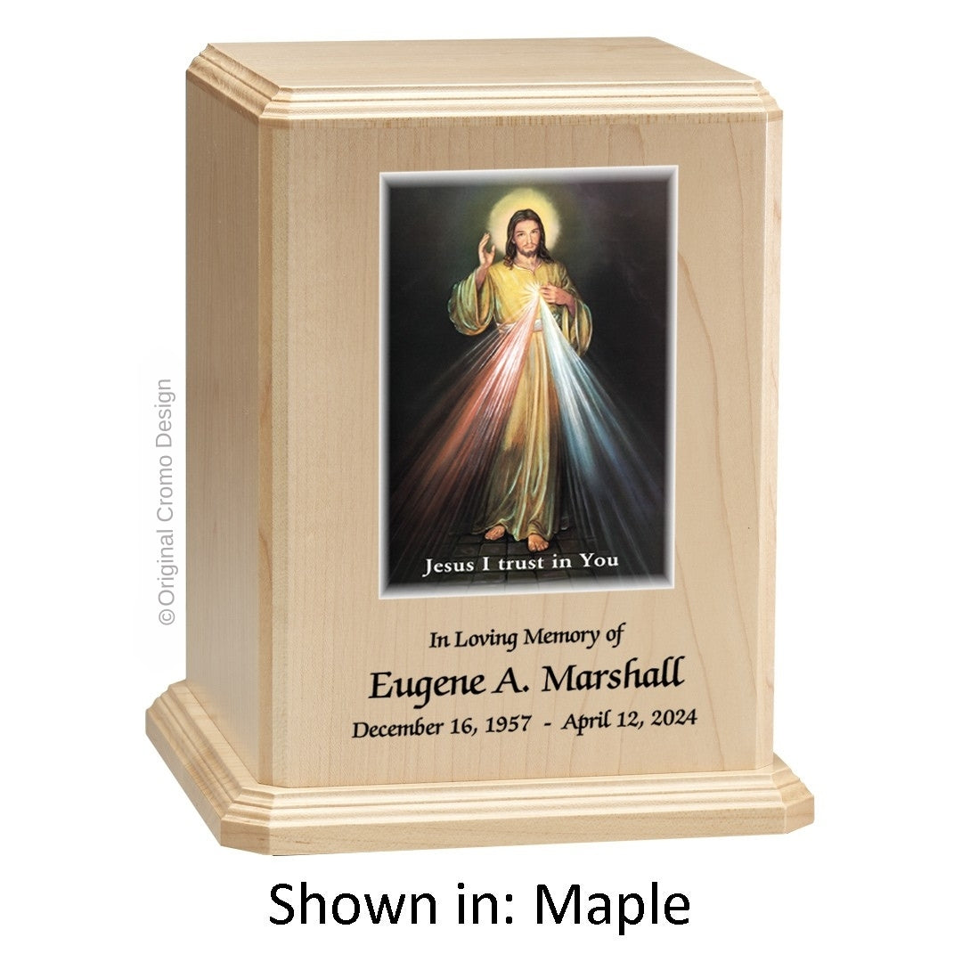 Catholic cremation urn with Divine Mercy English Wood finish by Cromo NB