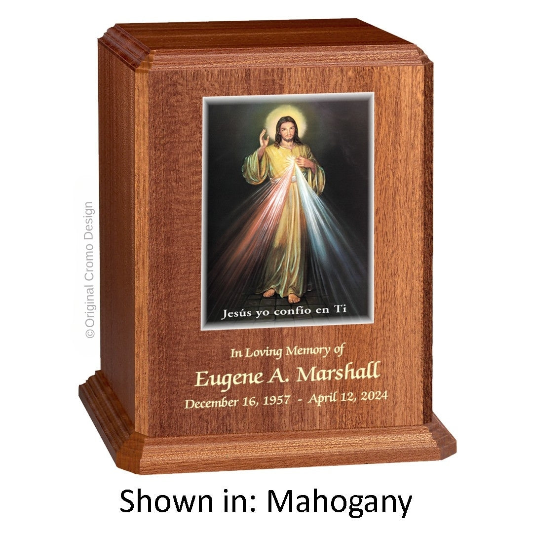 Catholic cremation urn with Divine Mercy Spanish Wood finish by Cromo NB