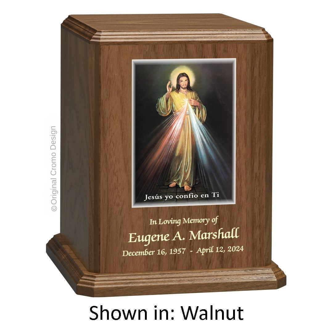 Catholic cremation urn with Holy Family Wood finish by Cromo NB