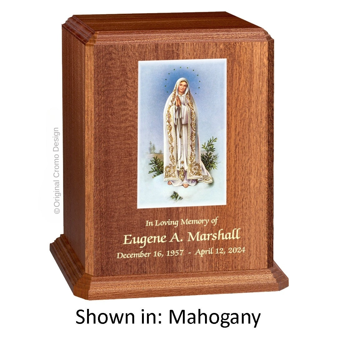 Catholic cremation urn with Our Lady of Fatima Wood finish by Cromo NB
