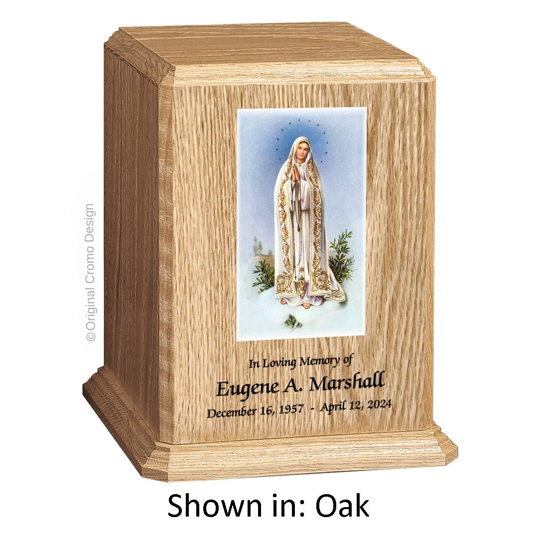 Catholic cremation urn with Our Lady of Fatima Wood finish by Cromo NB