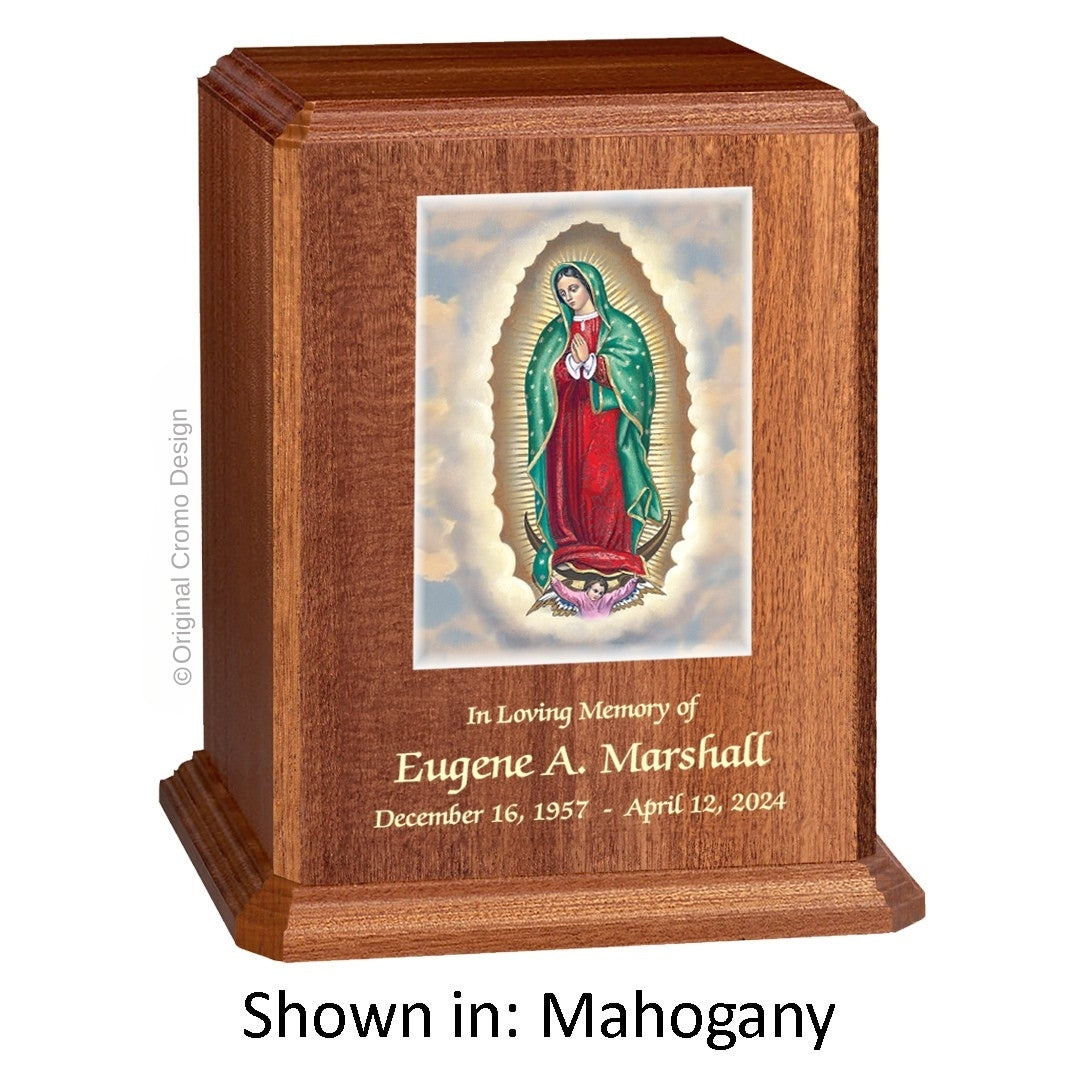 Catholic cremation urn with Our Lady of Guadalupe Wood finish by Cromo NB