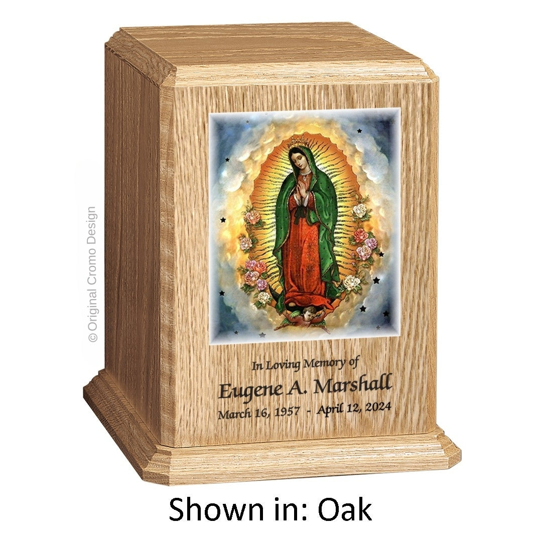 Catholic cremation urn with Our Lady of Guadalupe Wood finish by Cromo NB