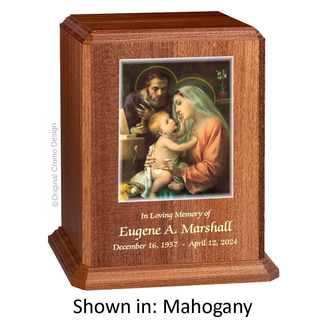 Catholic cremation urn with Holy Family Wood finish by Cromo NB