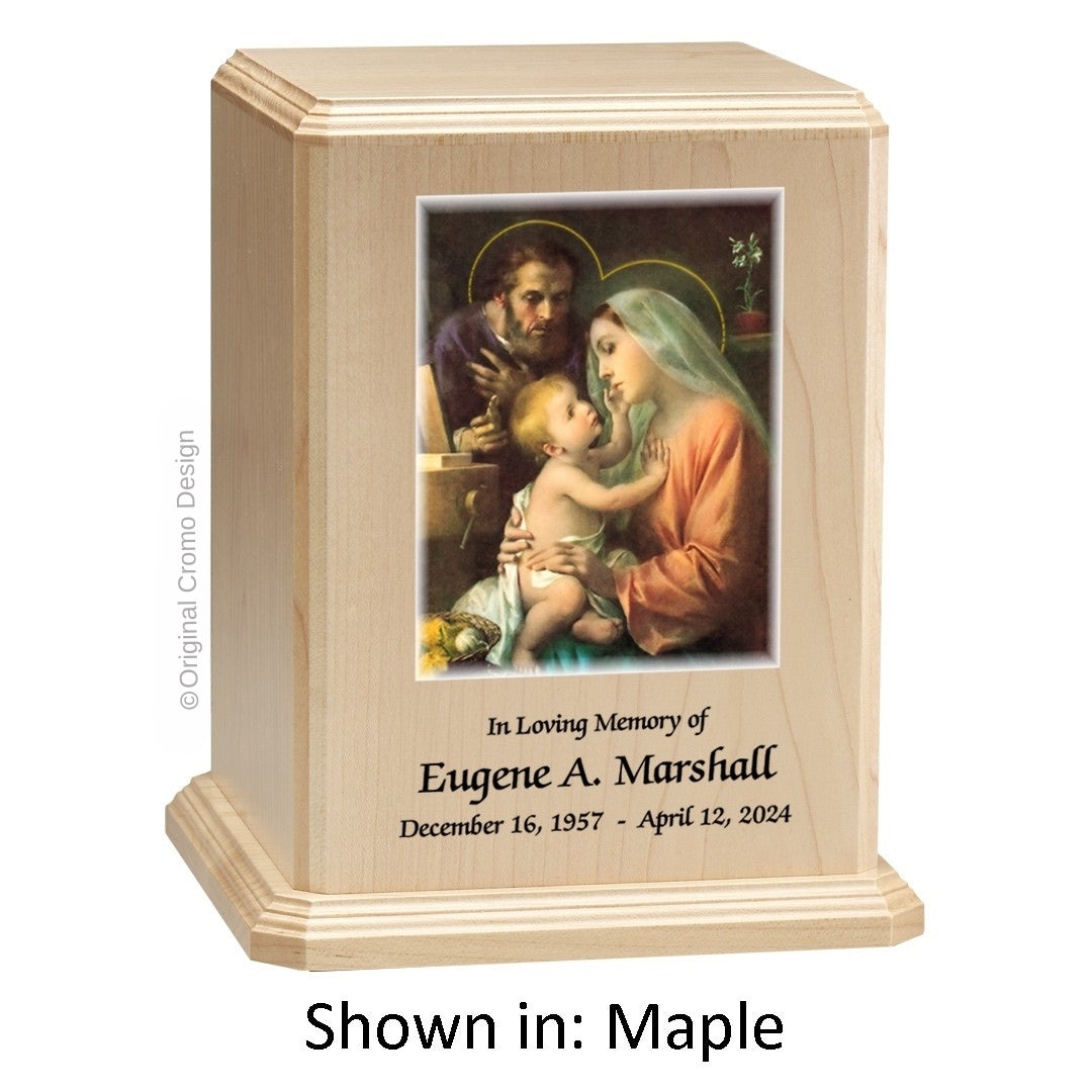 Catholic cremation urn with Holy Family Wood finish by Cromo NB