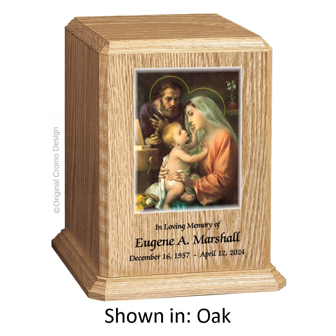 Catholic cremation urn with Holy Family Wood finish by Cromo NB
