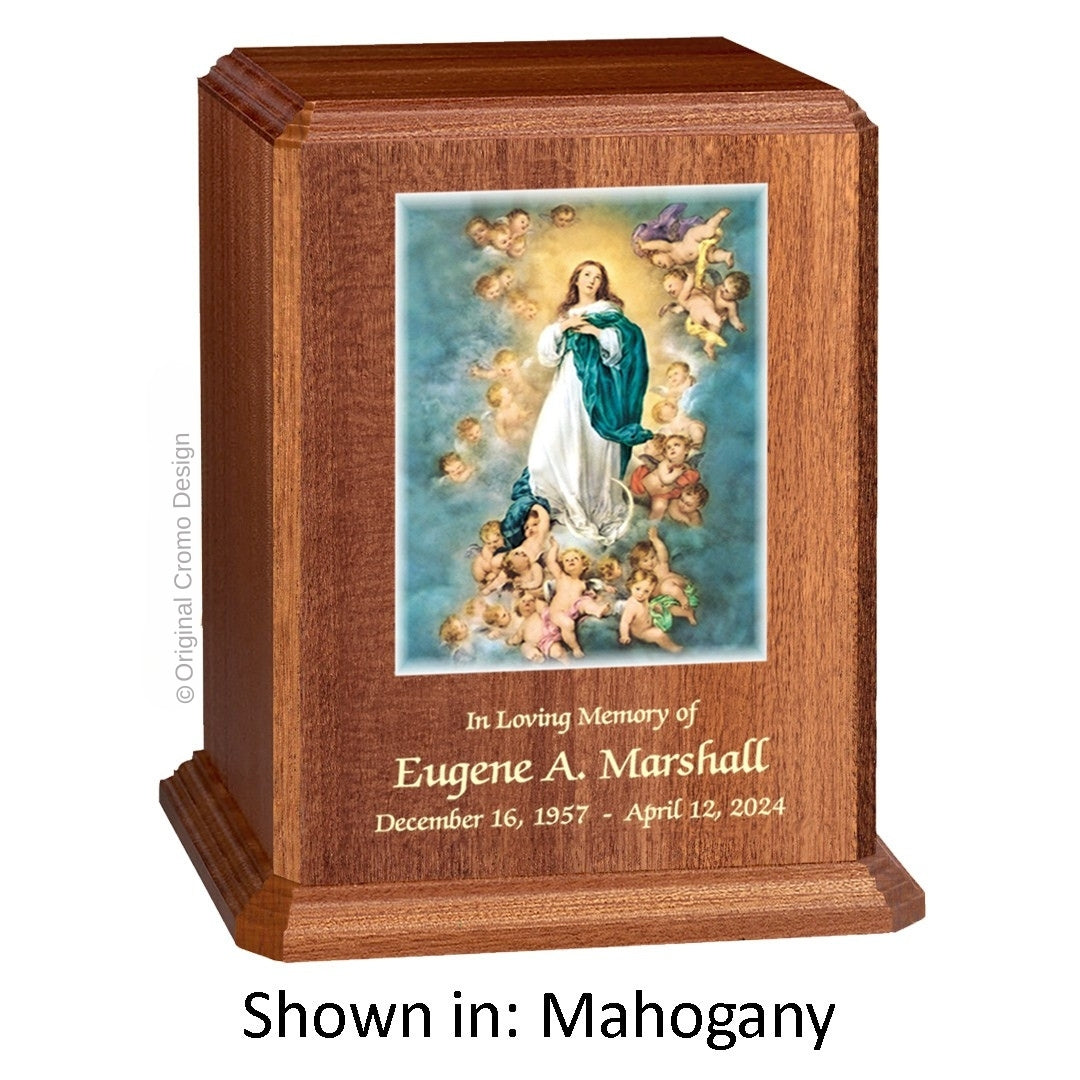 Catholic cremation urn with Immaculate Conception Wood finish by Cromo NB