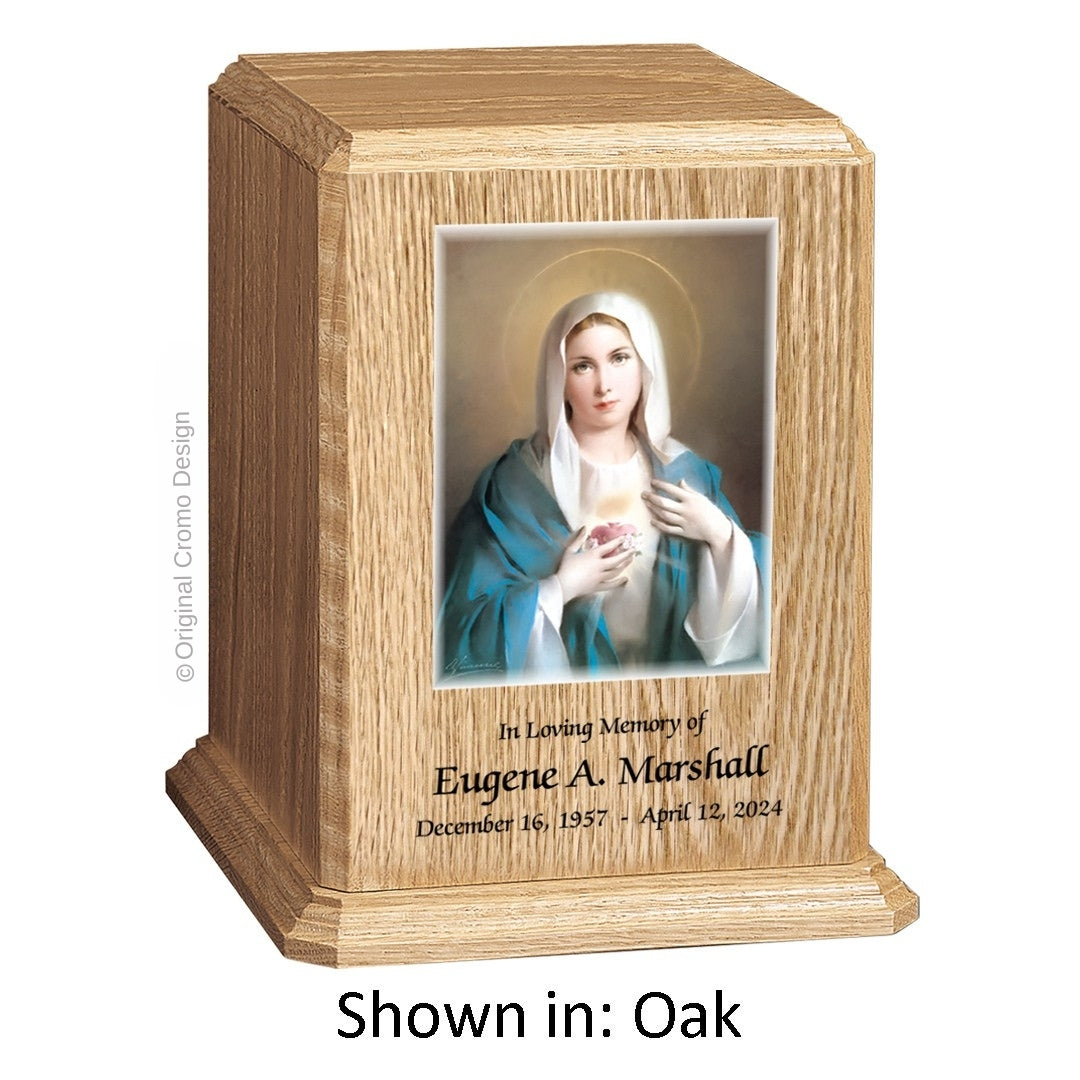 Catholic cremation urn with Our Lady of the Rosary Wood finish by Cromo NB