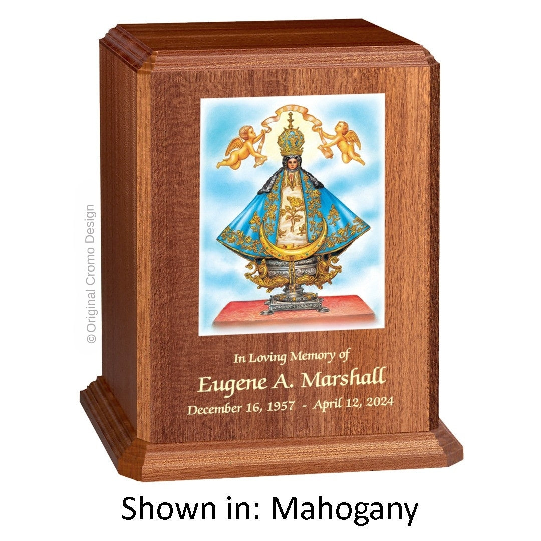Catholic cremation urn with Infant of Prague Wood finish by Cromo NB