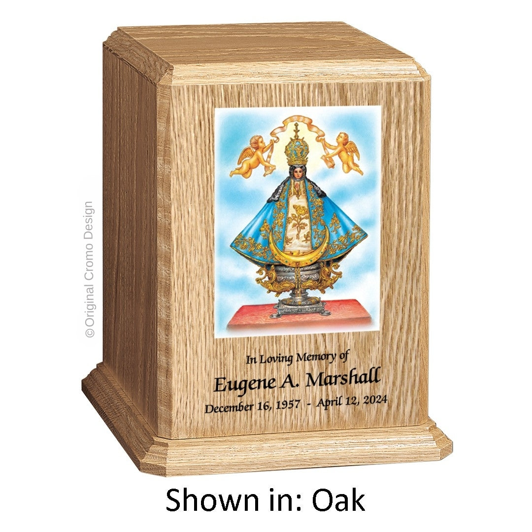 Catholic cremation urn with Infant of Prague Wood finish by Cromo NB