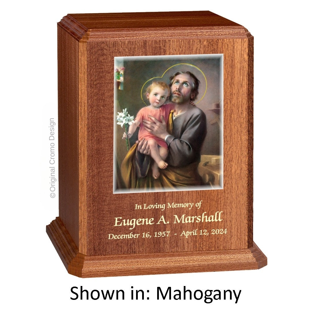 Catholic cremation urn with Our Lady of San Juan de Lagos Wood finish by Cromo NB
