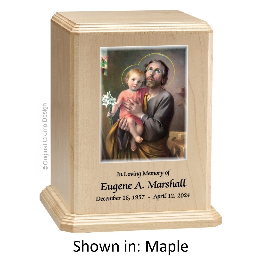 Catholic cremation urn with Infant of Prague Wood finish by Cromo NB