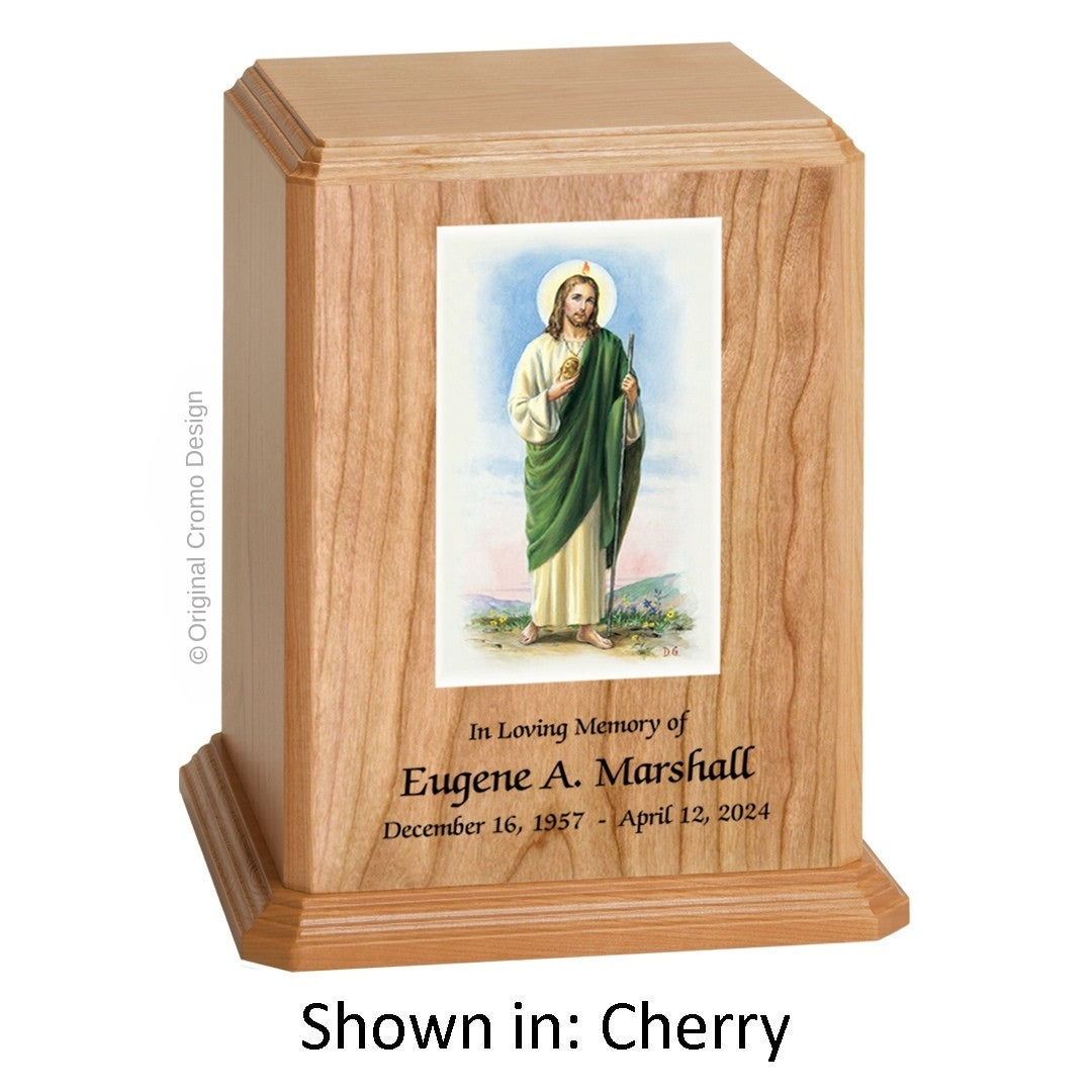 Catholic cremation urn with Jesus Shepherd Wood finish by Cromo NB
