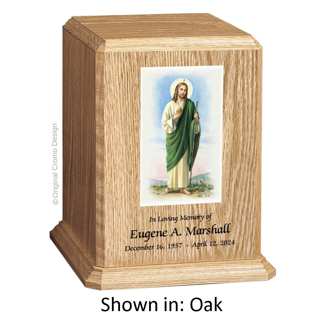 Catholic cremation urn with Sacred Heart of Jesus Wood finish by Cromo NB