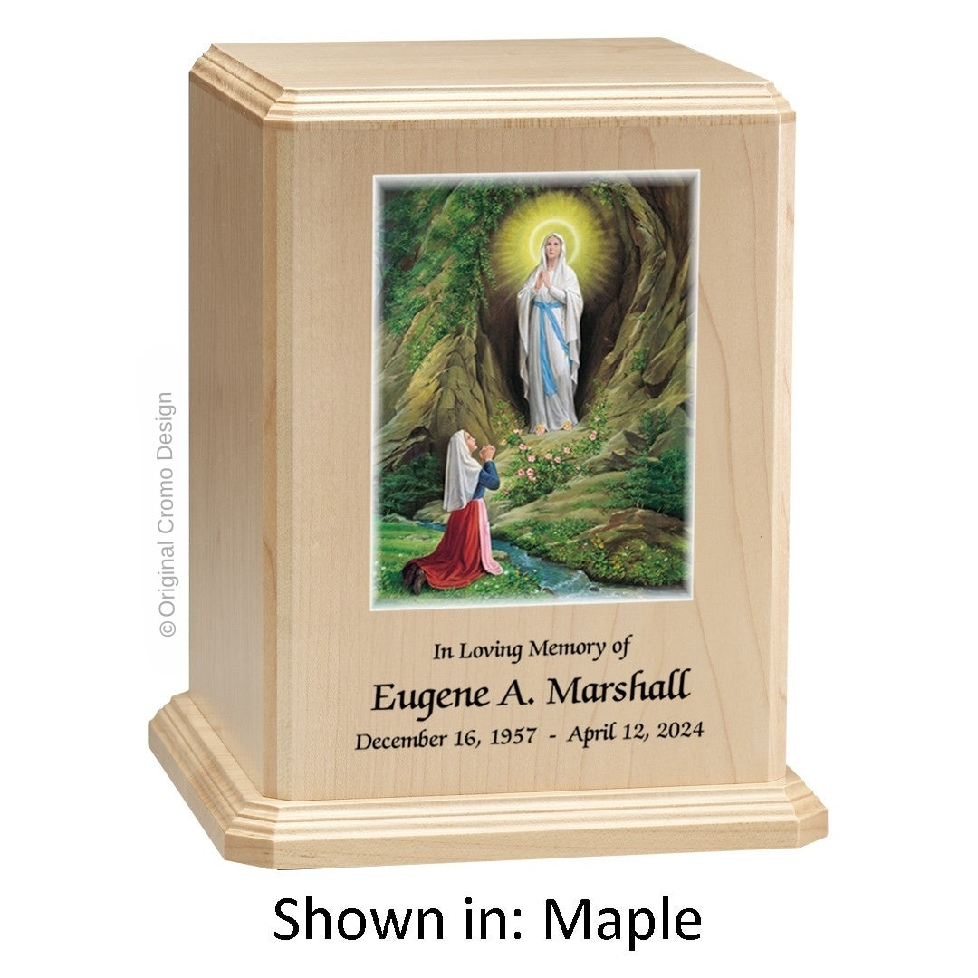 Catholic cremation urn with Saint Patrick Wood finish by Cromo NB