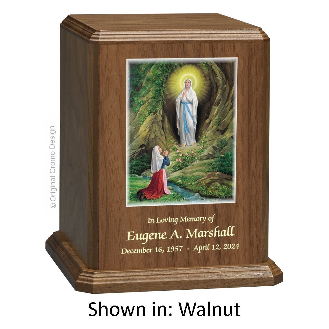 Catholic cremation urn with Crucifixion Wood finish by Cromo NB