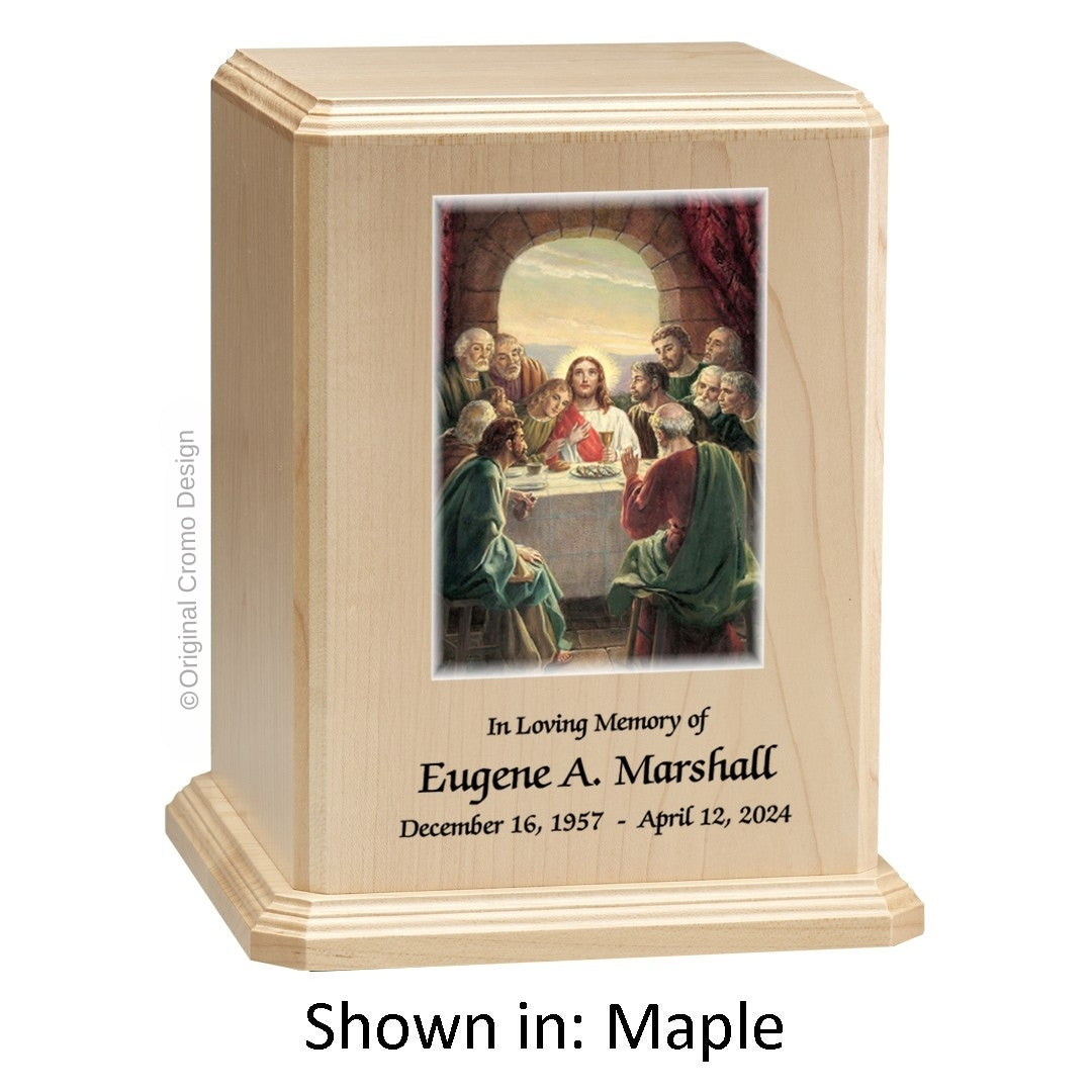 Catholic cremation urn with Paradise Jesus Hugging Wood finish by Cromo NB