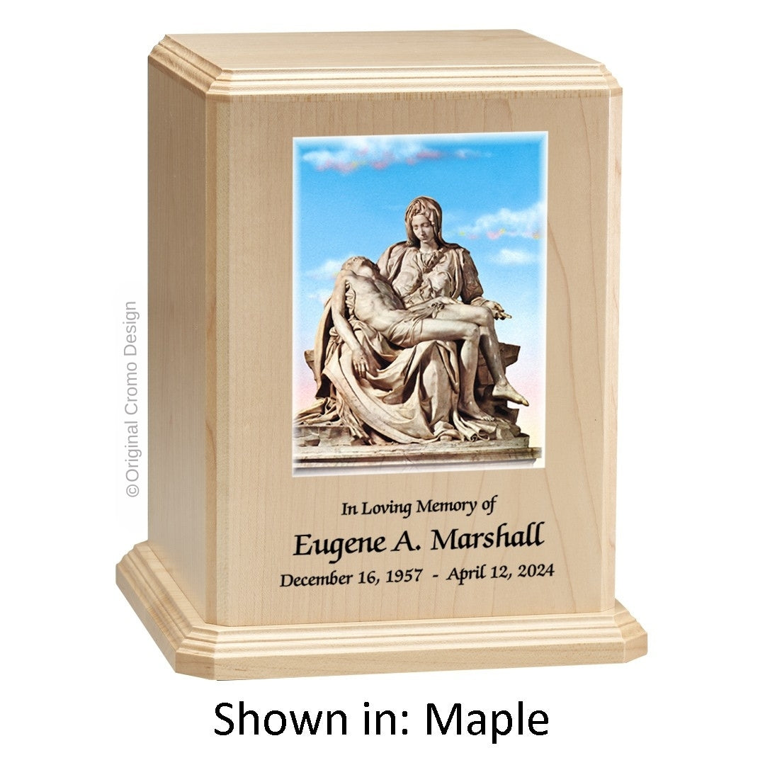 Catholic cremation urn with Mystical Rose Wood finish by Cromo NB