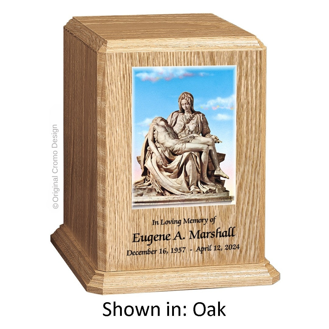 Catholic cremation urn with Mystical Rose Wood finish by Cromo NB