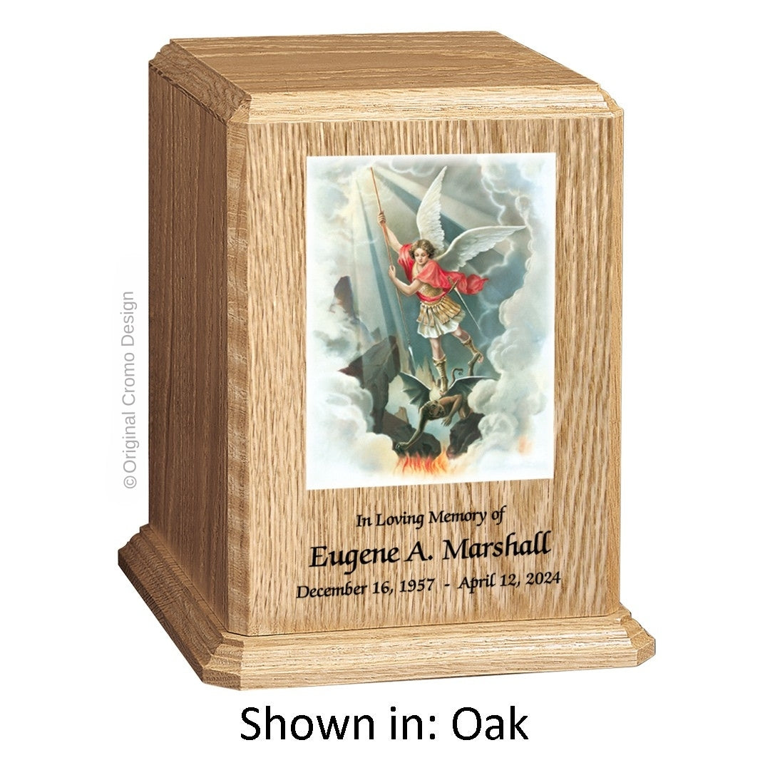 Catholic cremation urn with Saint Jude Wood finish by Cromo NB