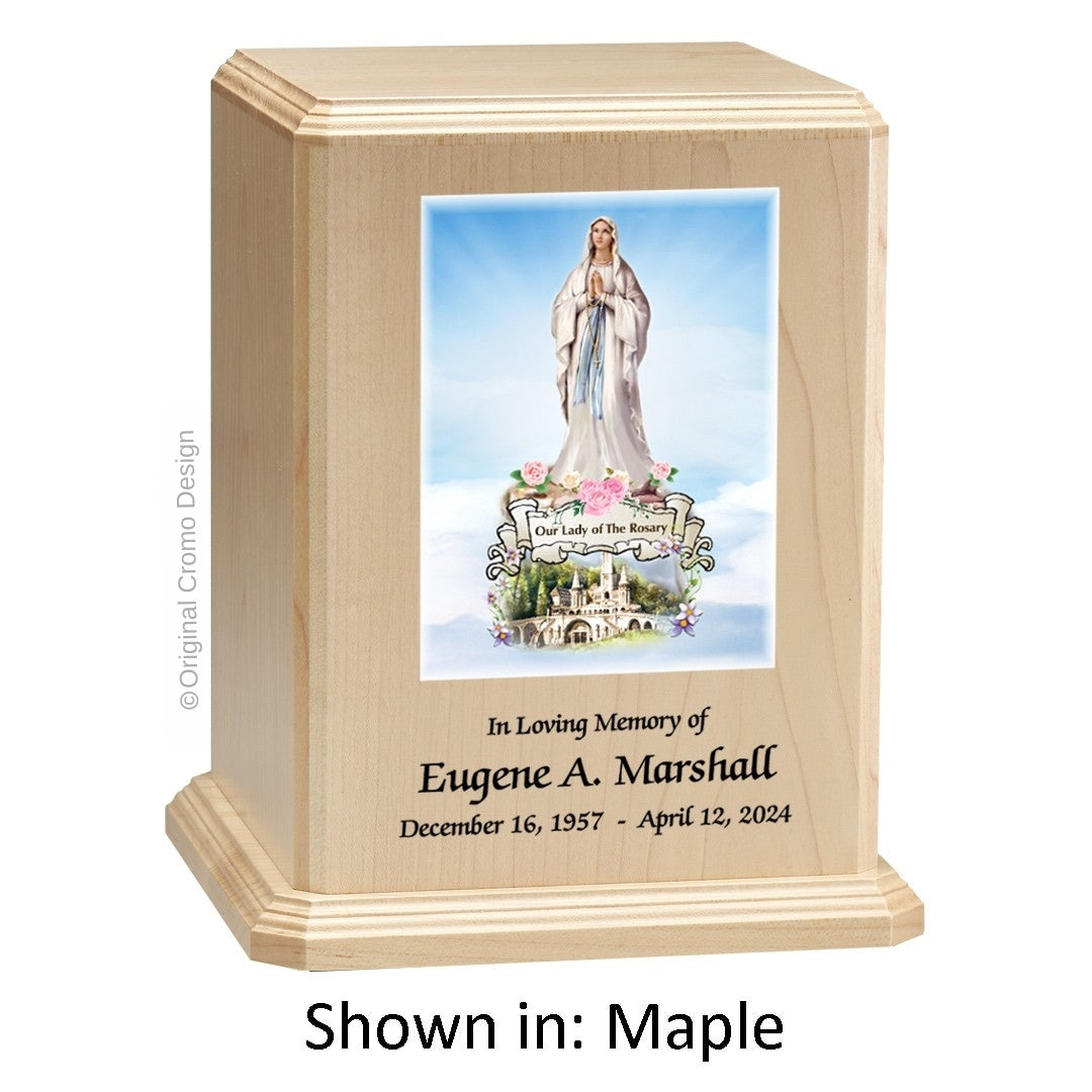 Catholic cremation urn with Our Lady of Lourdes Wood finish by Cromo NB