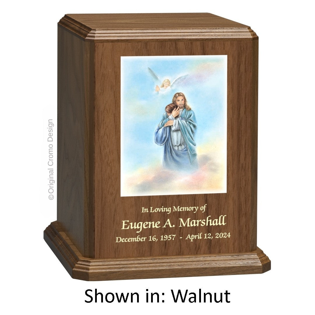 Catholic cremation urn with Paradise Jesus Hugging Wood finish by Cromo NB