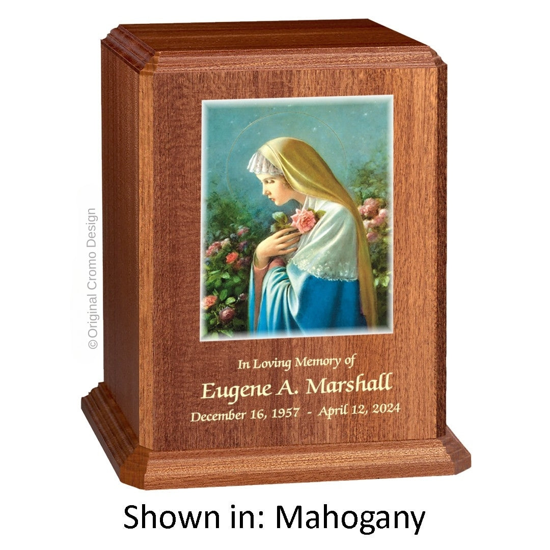 Catholic cremation urn with Saint Michael Archangel Wood finish by Cromo NB