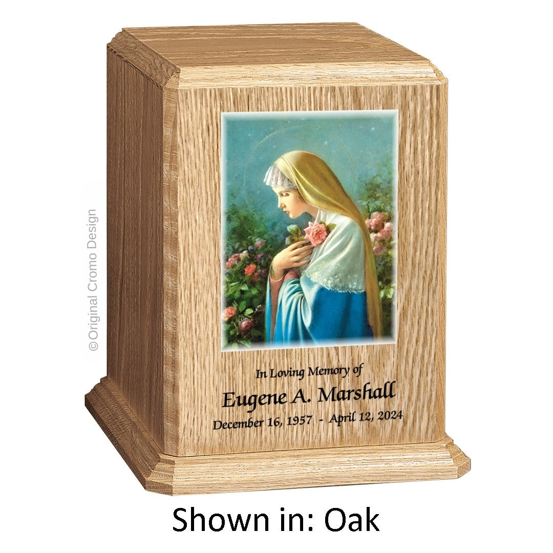 Catholic cremation urn with Madonna of The Street Wood finish by Cromo NB