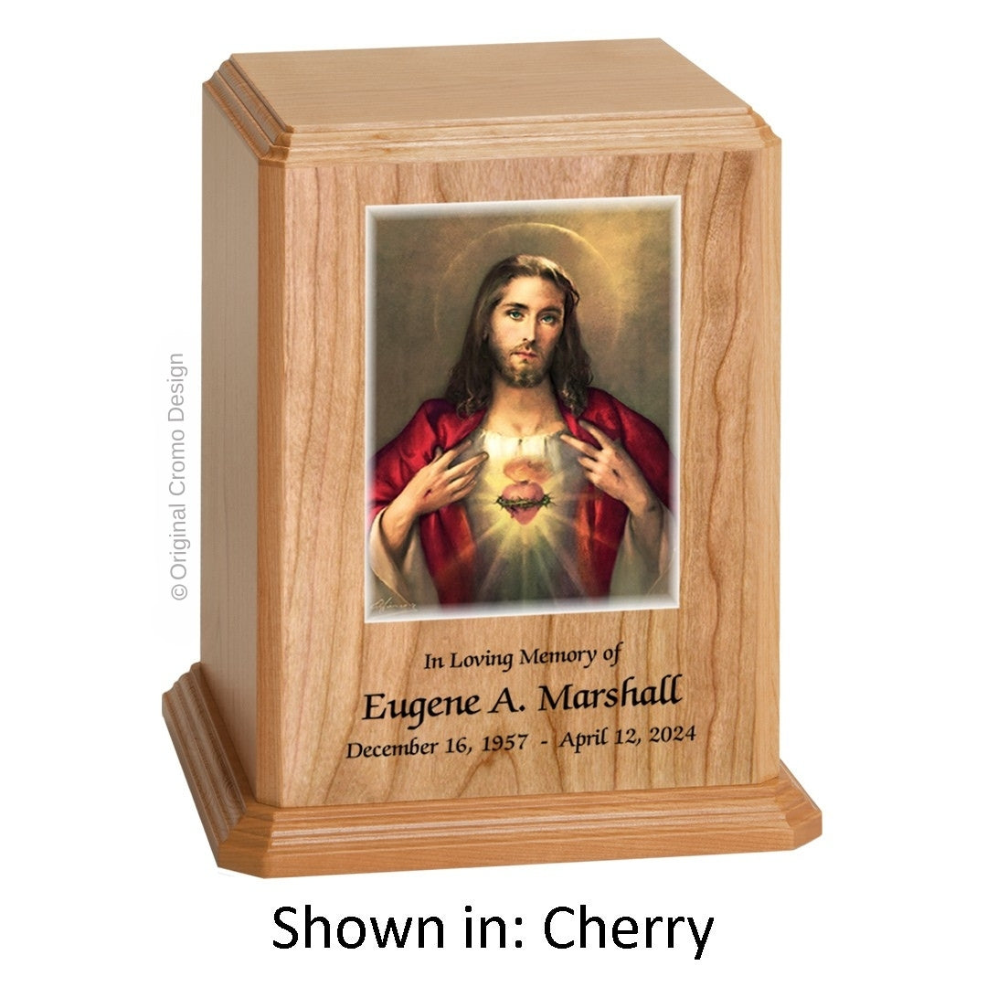Catholic cremation urn with Sacred Heart of Jesus Wood finish by Cromo NB