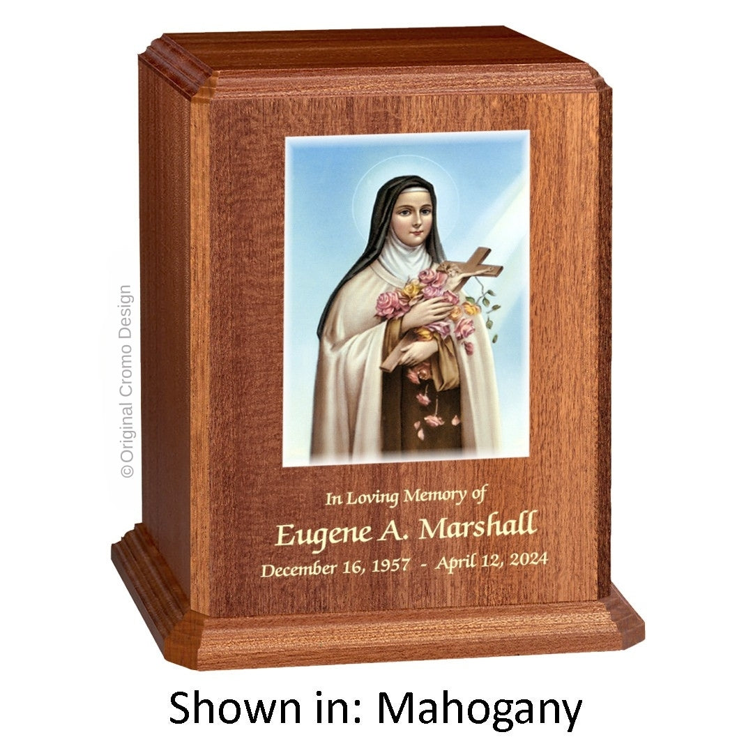 Catholic cremation urn with Saint Patrick Wood finish by Cromo NB