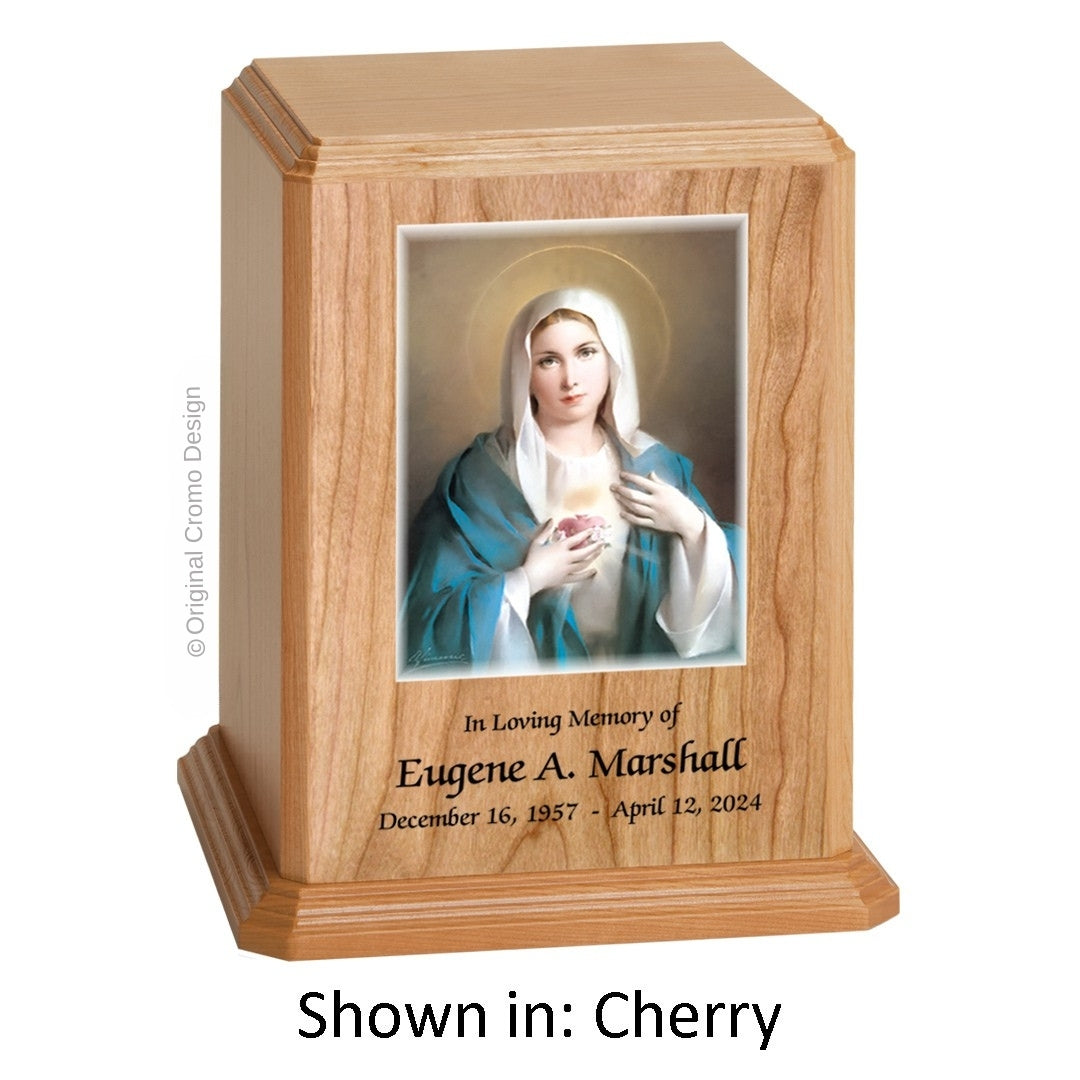 Catholic cremation urn with Saint Therese Wood finish by Cromo NB