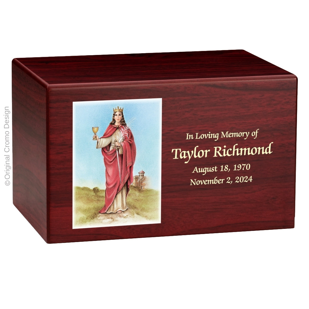 Catholic cremation urn with Our Lady of Santa Barbara Wood finish by Cromo NB