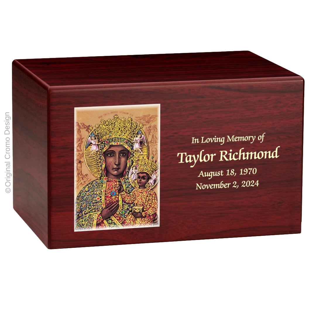 Catholic cremation urn with Our Lady of Czetechowa Wood finish by Cromo NB