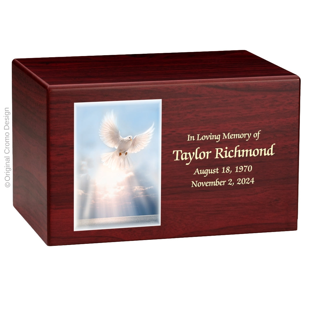 Catholic cremation urn with White Dove Wood finish by Cromo NB