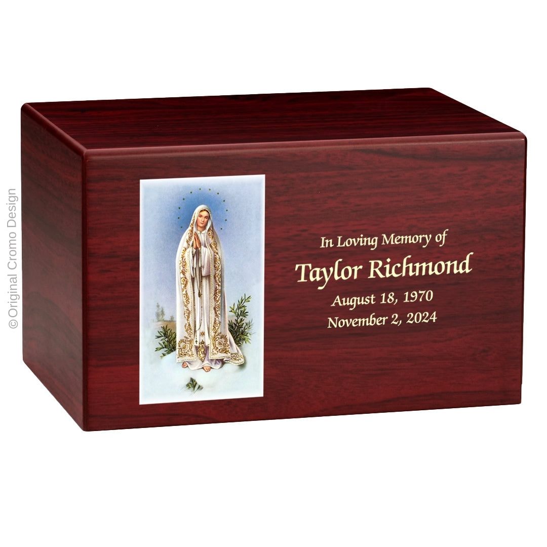 Catholic cremation urn with Our Lady of Fatima Wood finish by Cromo NB