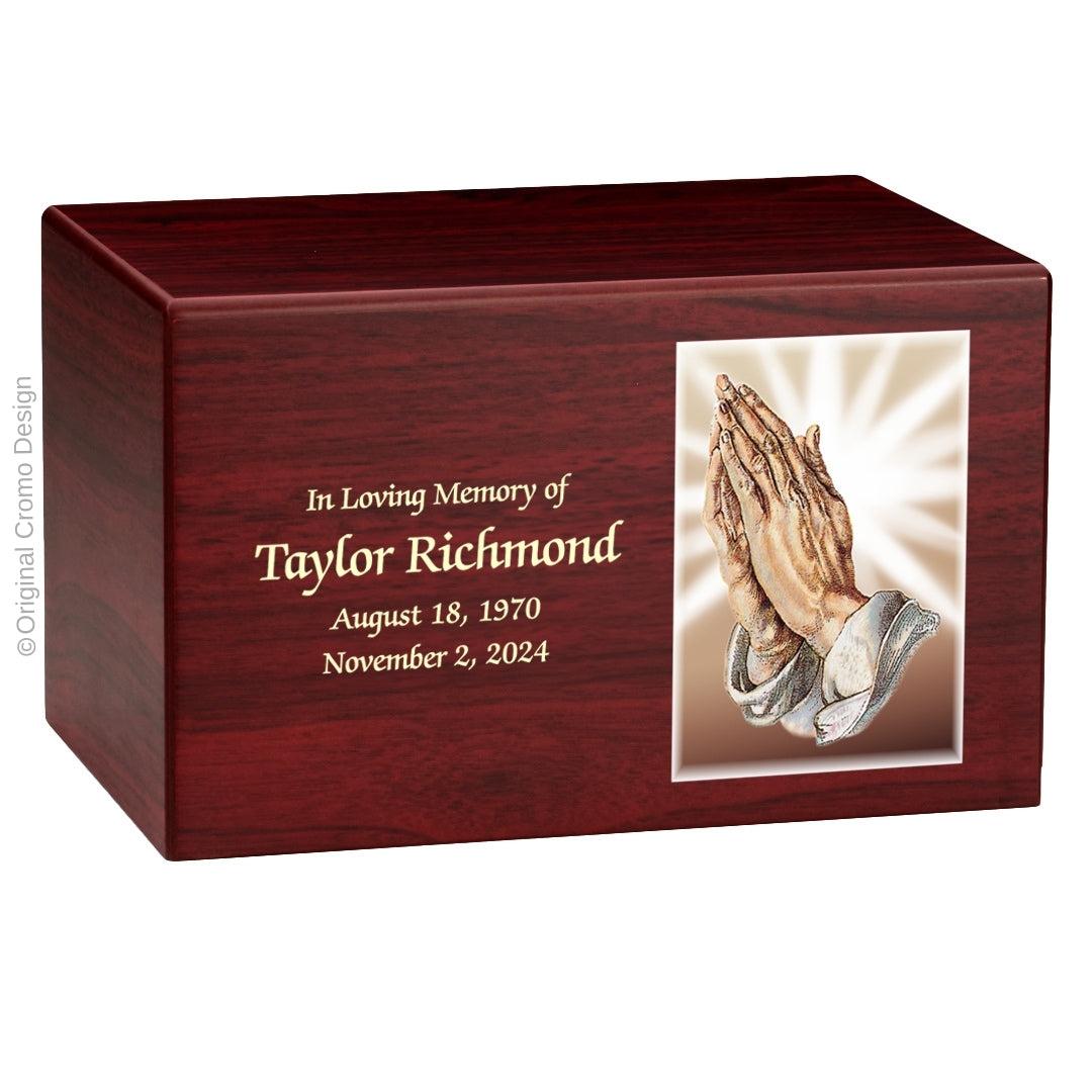 Catholic cremation urn with Praying Hands Wood finish by Cromo NB