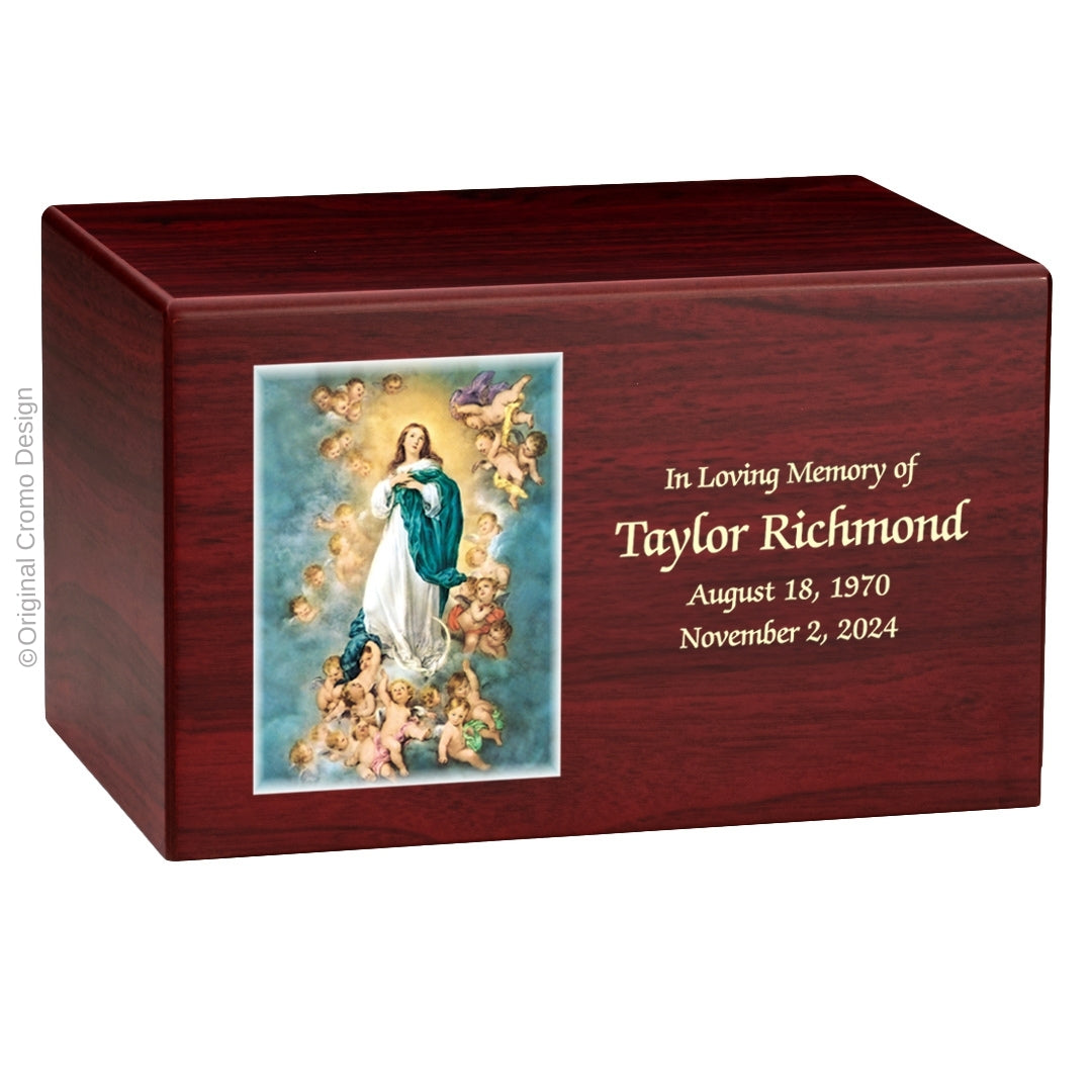 Catholic cremation urn with Immaculate Conception Wood finish by Cromo NB