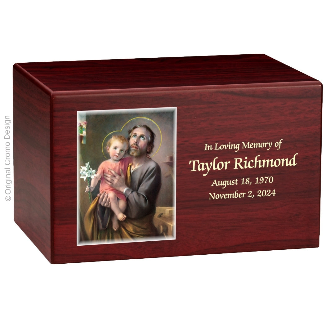 Catholic cremation urn with Saint Joseph Wood finish by Cromo NB